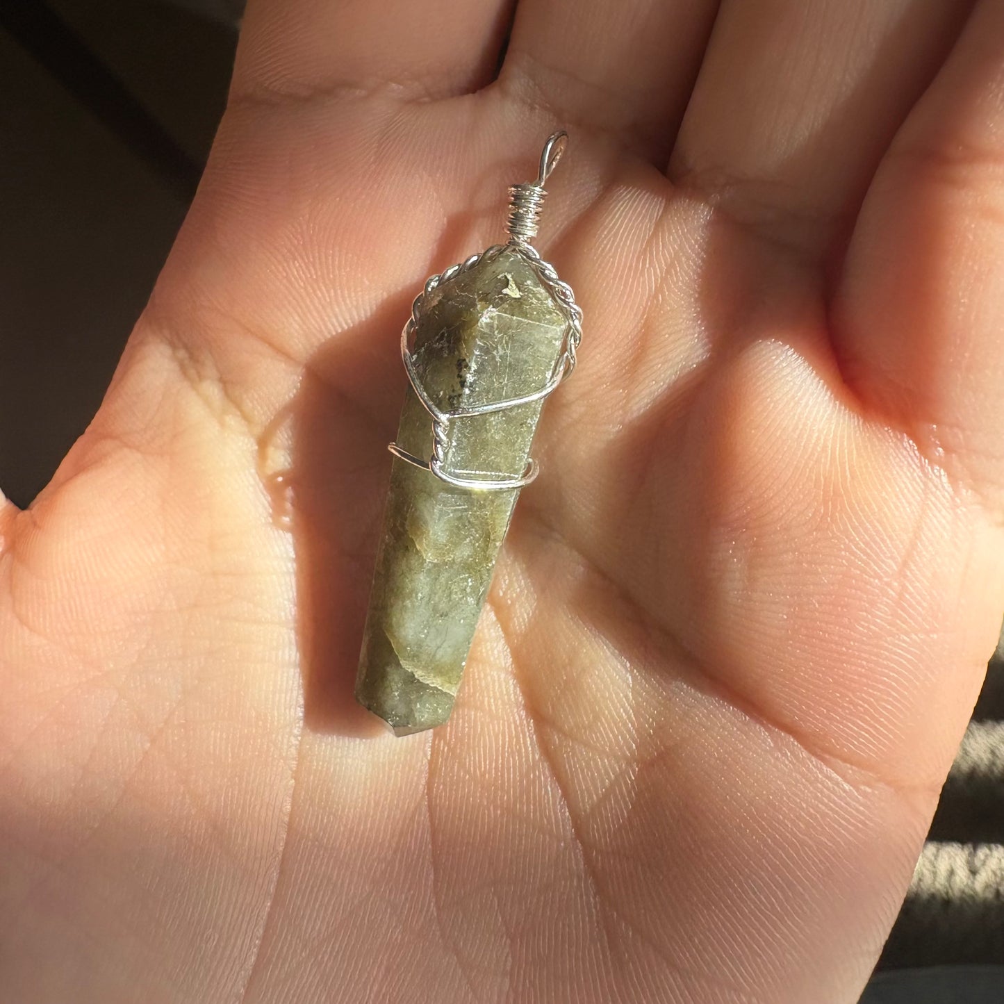 Green Flame Pendant – Vesuvianite Crystal Wrapped in Silver